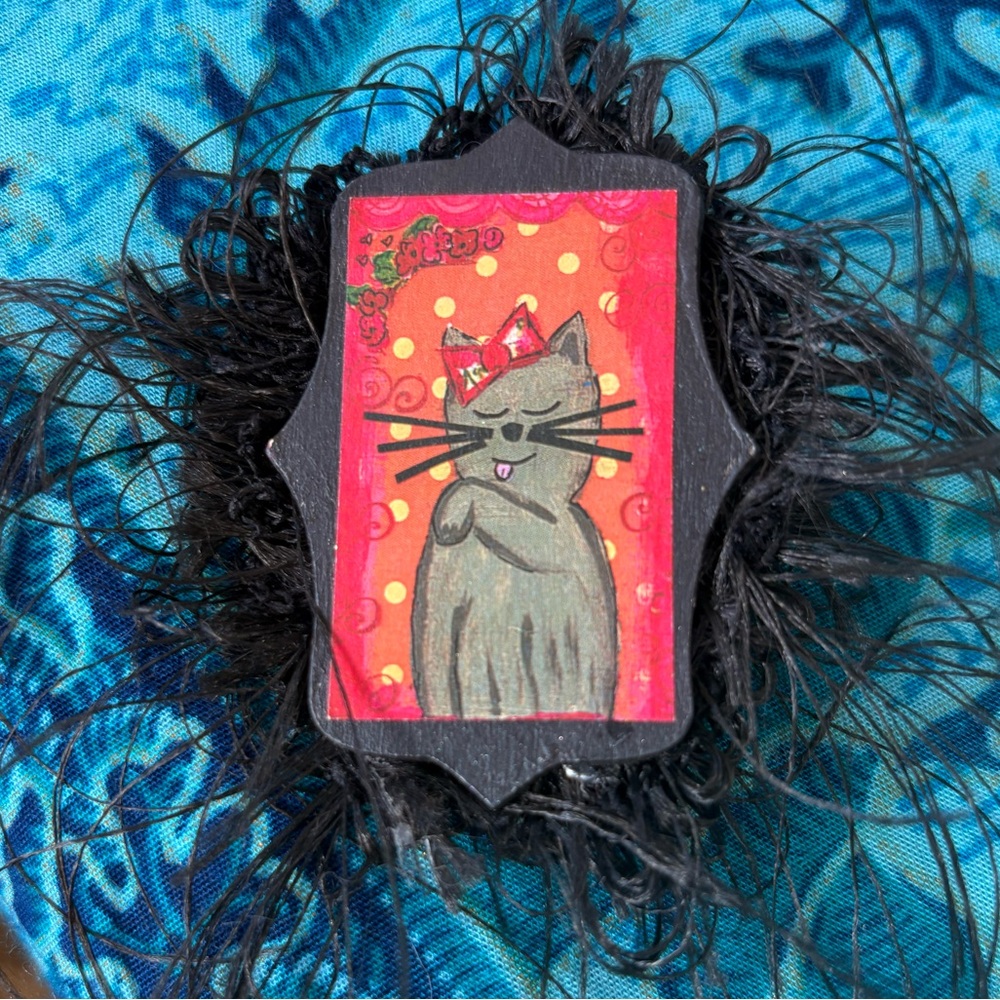 Whimsical Hand Painted Artisan Cat Brooch with Black Fringe